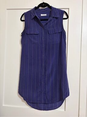 Equipment Femme Sleeveless Dress - 100% Silk - Blue Purple Stripe Button-up